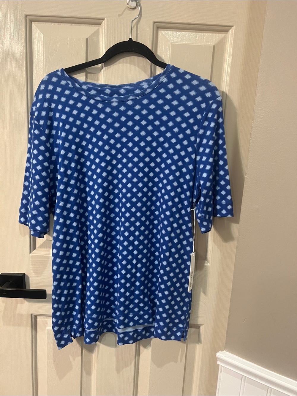 Chico's Blue and White Diamond-Print Short-Sleeve Top